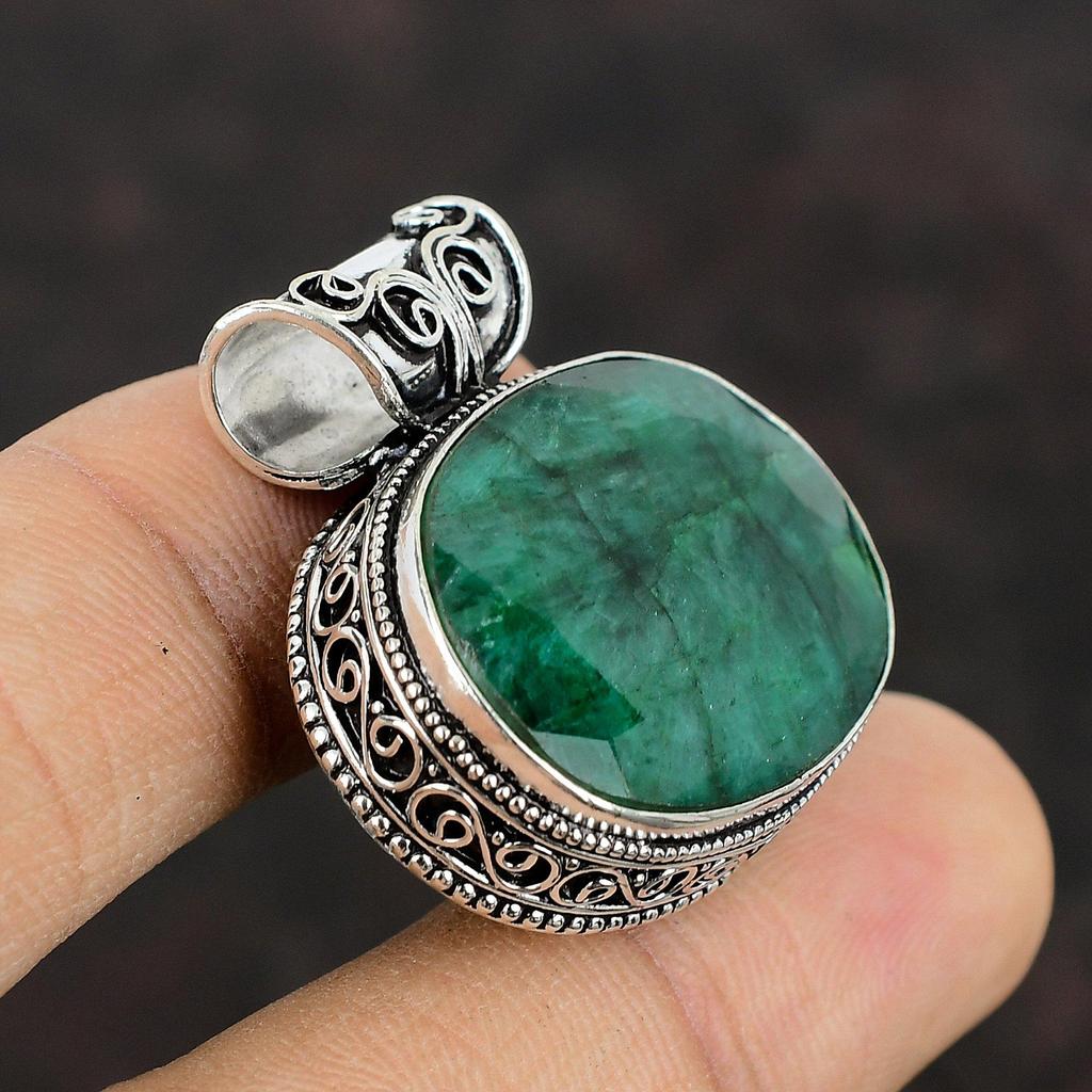 Ограненный замбийский изумрудный кулон, ювелирные изделия из драгоценных камней, винтажный кулон из стерлингового серебра 925 пробы, этнический ювелирный подарок для мамы, кулон ручной работы