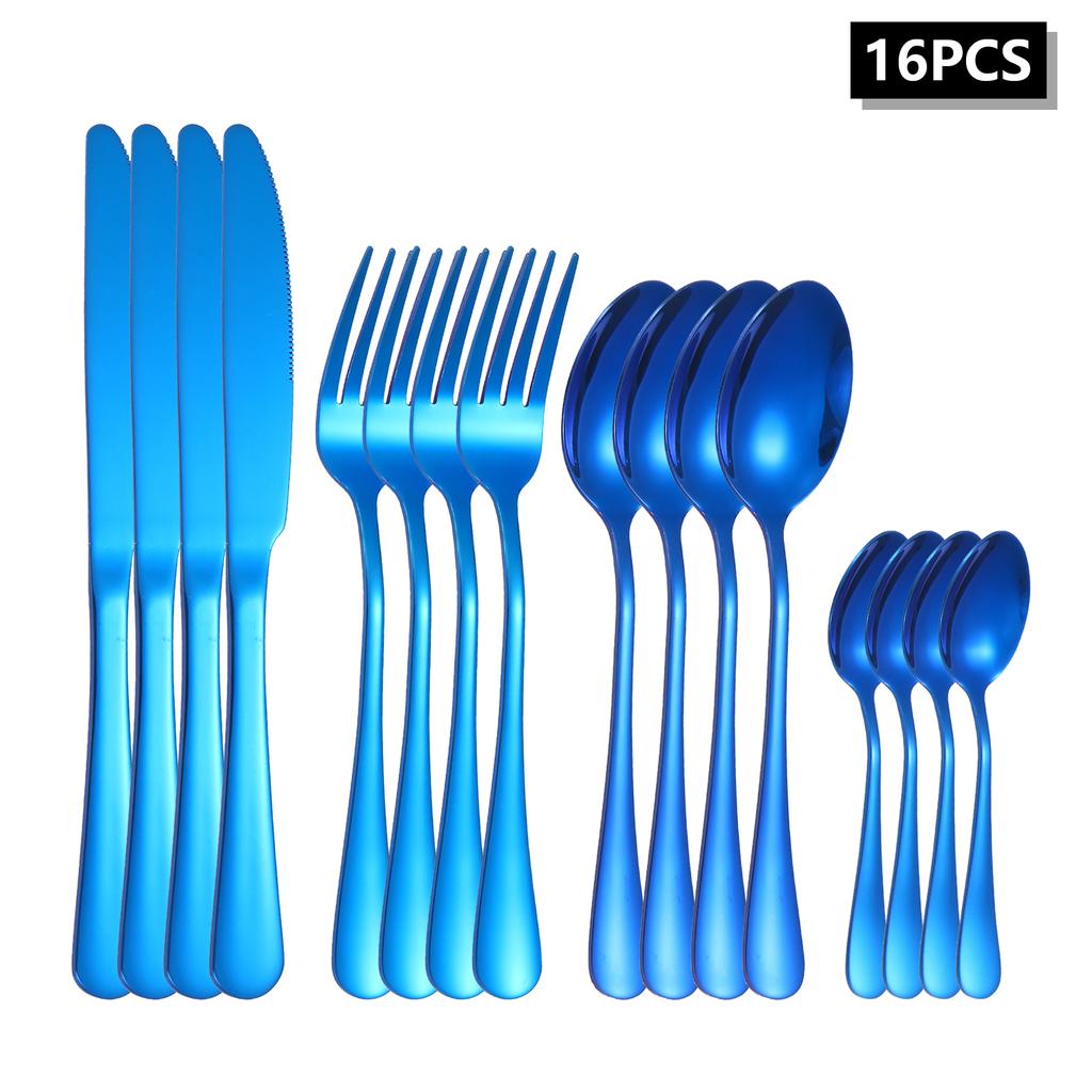 Набор столовых приборов из нержавеющей стали 4/6/16/24 шт., нож для стейка, вилка, ложка, столовые приборы с синей круглой ручкой, подходит для семьи, ресторана, отеля