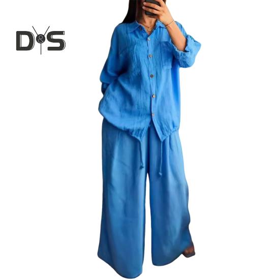 2 Pcs/Set Women Shirt Pants Set Long Sleeves Lapel Collar Pockets Single-breasted Drawstring Hem Blouse High Waist Loose Wide Leg Pants Set Casual