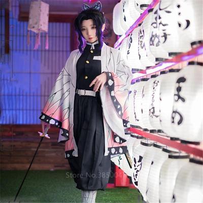 SCIONE Аниме Demon Slayer Shinobu Косплей Костюм Женское кимоно Хэллоуин Карнавальный костюм Парик