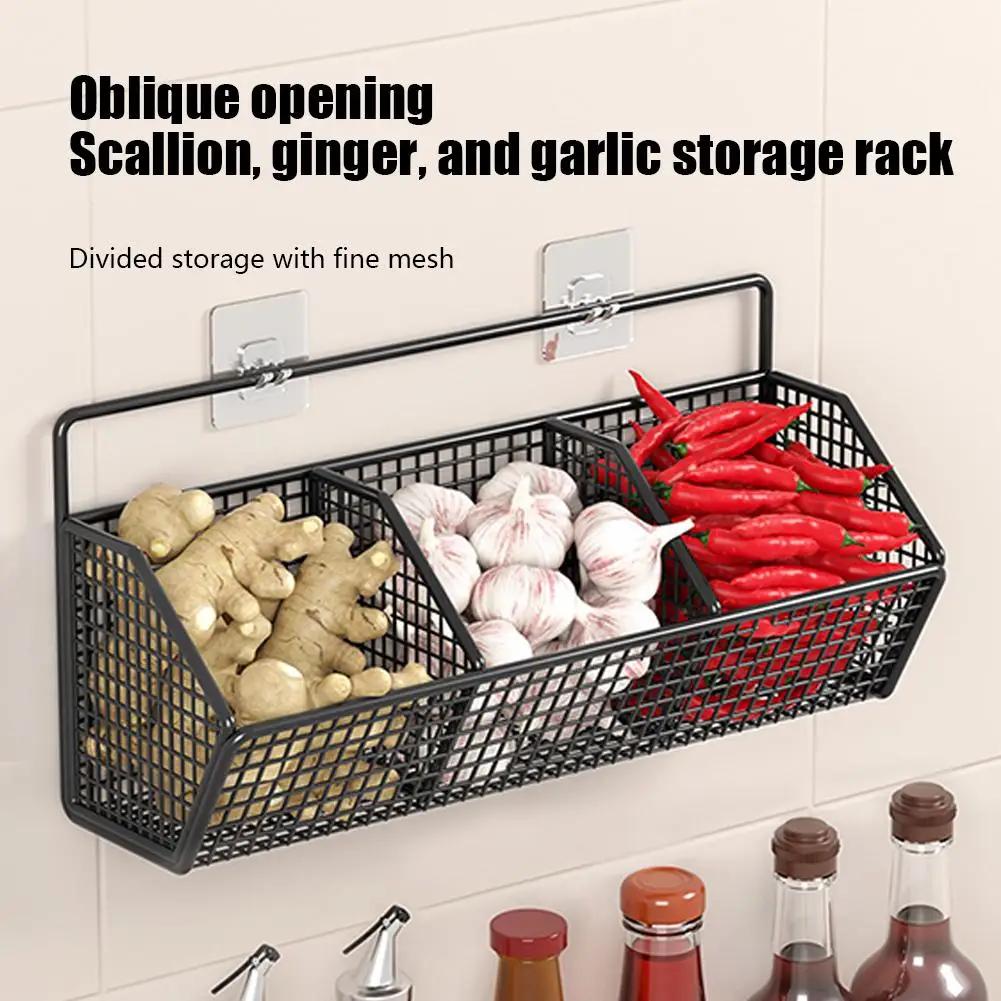 Wall Mounted Kitchen Storage Basket Onion Ginger Garlic Storage Frame Durable Wire Storage Rack Perforation-free Vegetables Case