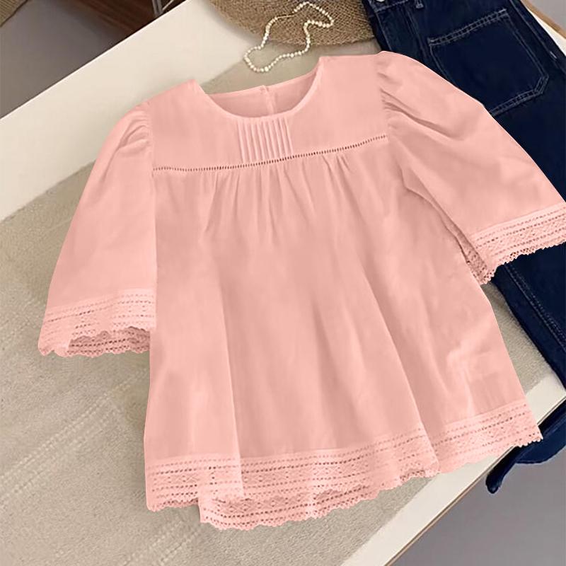 VONDA Women Summer Round Neck Lace Short Sleeve Blouses
