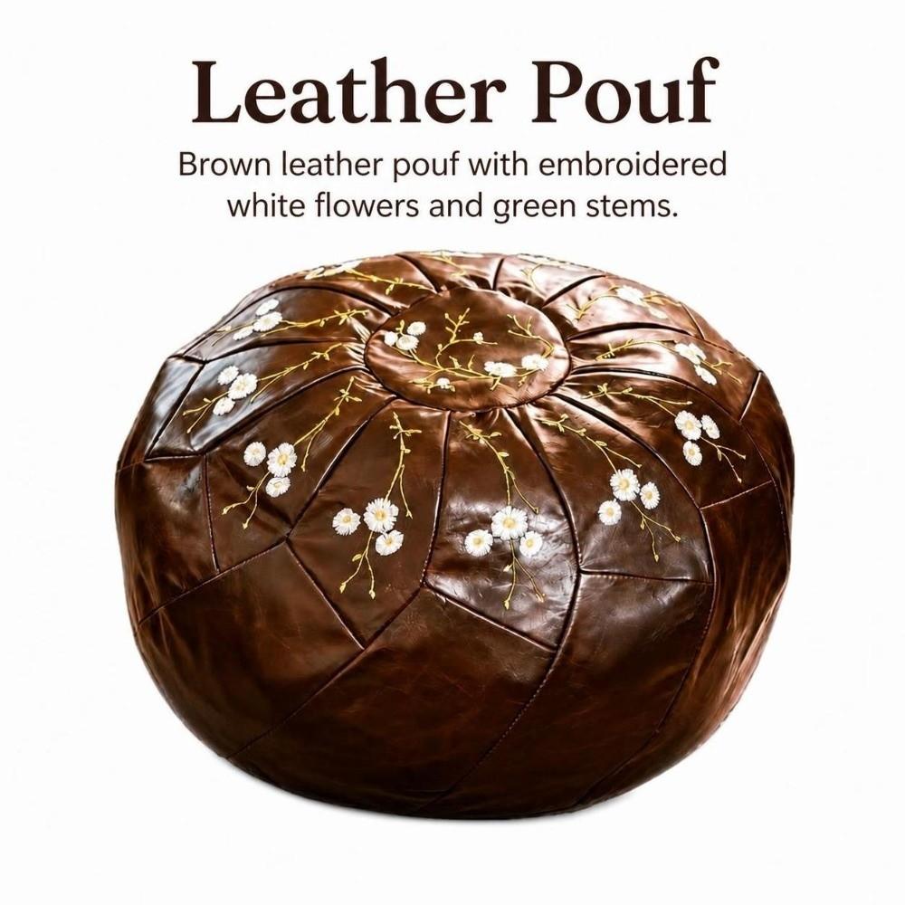 Unstuffed Pouf Ottoman PU Leather Footstool Cover Boho Style Storage Ottoman for Living Room