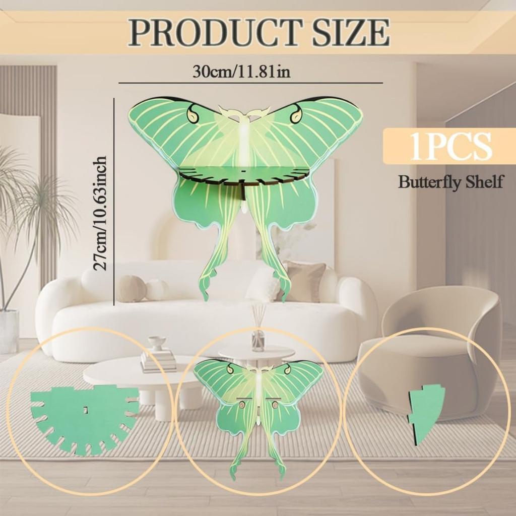 Butterfly Shelf Storage Rack Wooden Green Butterfly Hanging Wall Shelf Display Shelf Stones Candle Necklace Hanging Holder Interior Wall Decor Shelf