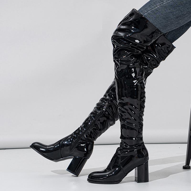 Мода Liyke Мода Круглый Носок Мотоциклетные Ботфорты Женские Красные Плиссированные Лакированная Кожа Сапоги Выше Колена Молния Осень Зима Каблуки