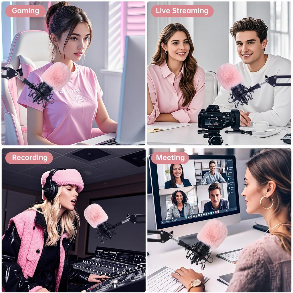 PhantAccy Поп-фильтр ветрозащита для микрофонов Audio-Technica AT-2020 AT-2035 AT-2040 AT-2050 ATR2500 ATR2500X AT-4040 Розовый мех Подавление шума