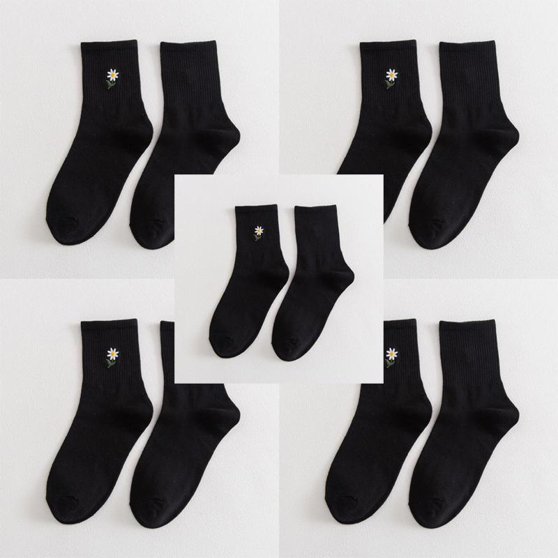 5 пар осенне-зимних женских вышитых носков средней длины из хлопка, однотонные модные удобные женские носки