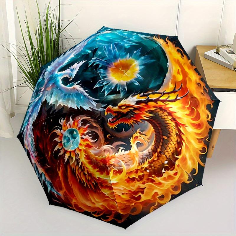 1pc The Dance of Fire and Ice Dragons Fully Automatic Folding Portable Umbrella, 8 Iron Frames, Three-Fold Design, Suitable for All Seasons, Suit