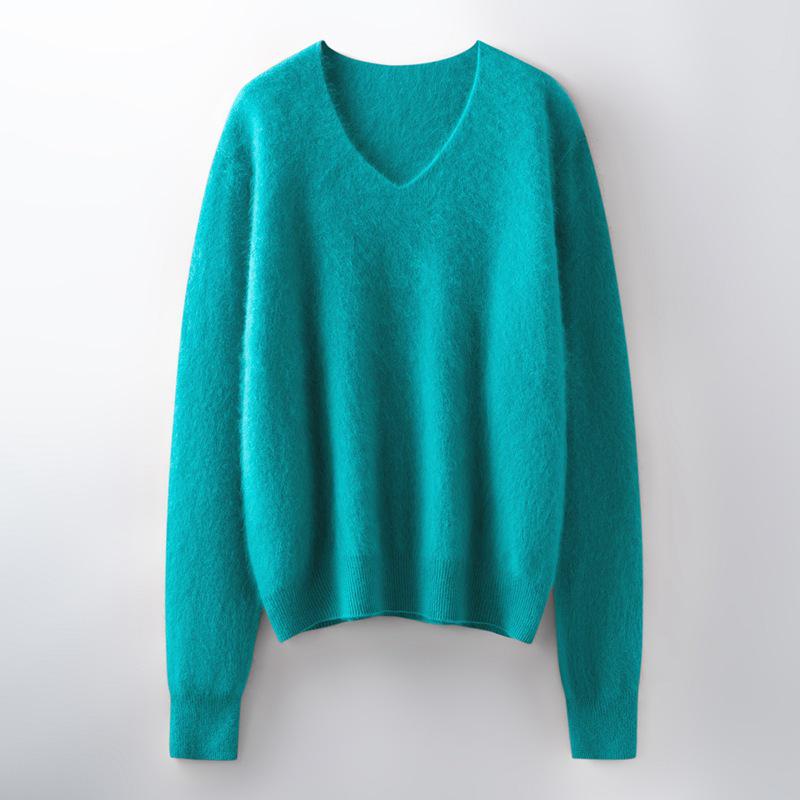 Women's Brushed Wool V-Neck Long-Sleeve Sweater: Autumn/Winter Loose Slimming Knitted Pullover Top