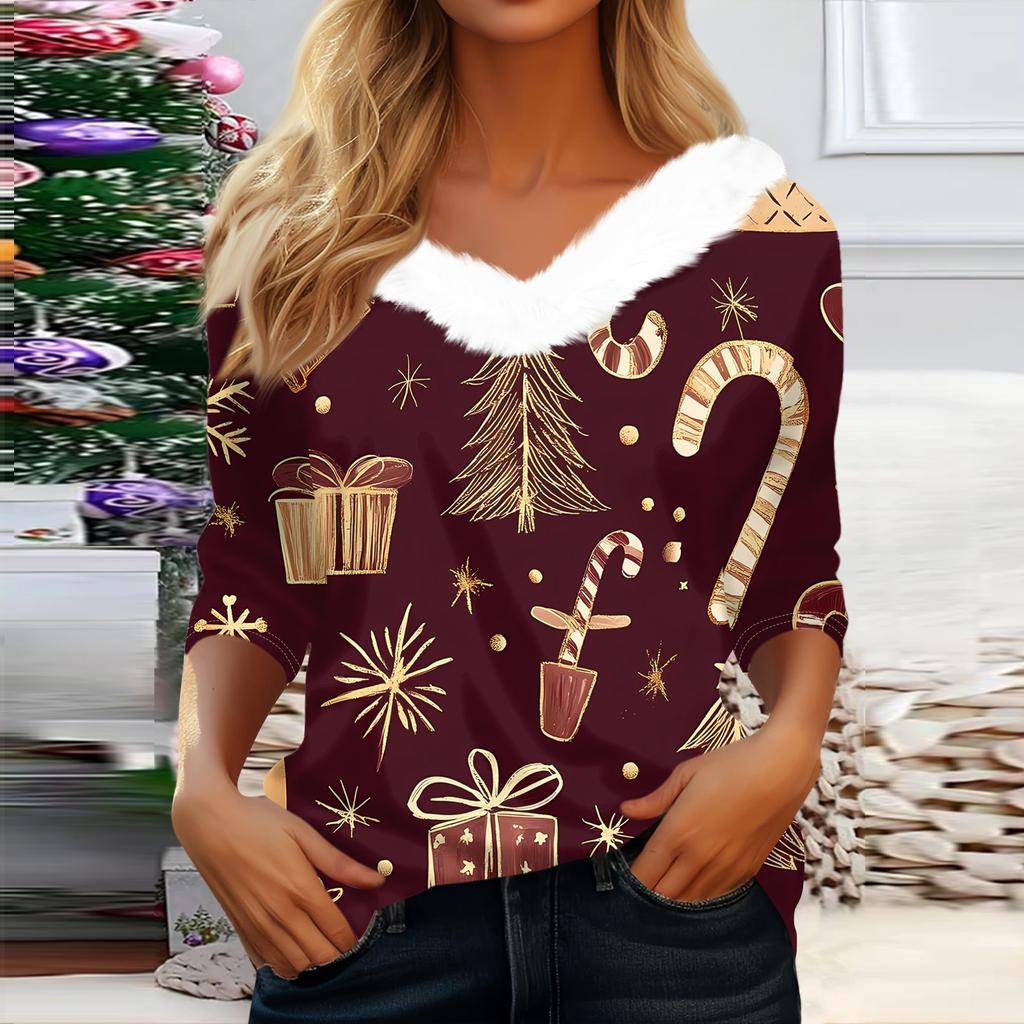 Рубашки с рукавом 3/4 для женщин, рождественские футболки с графическим принтом, блузки, повседневные базовые топы на пуговицах больших размеров, пуловеры