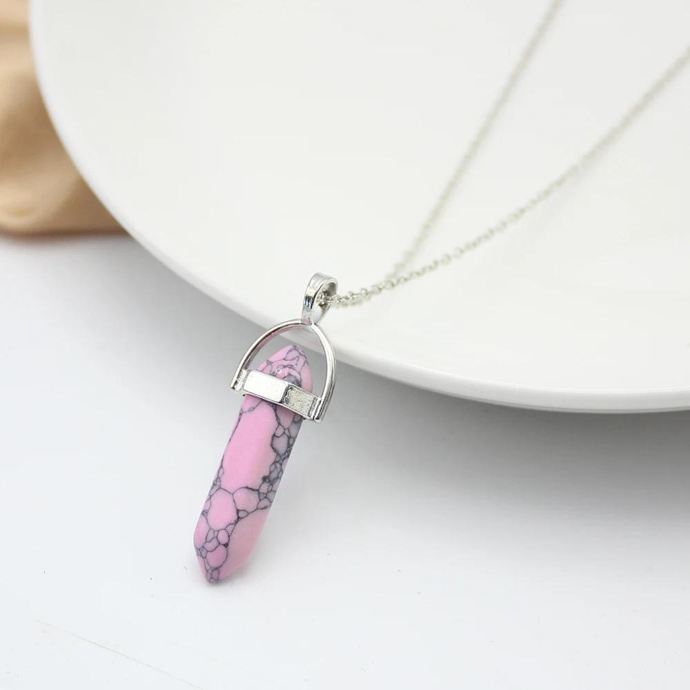 Hexagonal Column Pointed Reiki Chakra Natural Stone Pendant Necklace Women Girl Gift18inch Chain Lapis Opal Chunky Jewelry