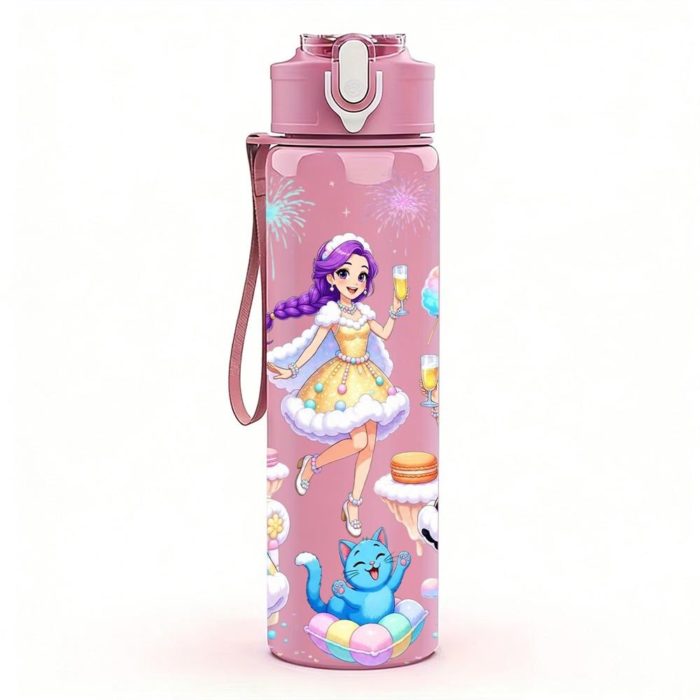 1PC Party Girls Dresses Cartoon Pattern 750ml Color Plastic Sports Water Bottle Leakproof Flip Straw Lid Suitable for Sports Office Home Use
