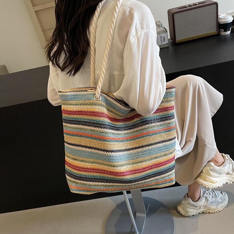 Straw Fabric Woven Design Women Tote Bags Rainbow Color Large Capacity Summer Beach Shoulder Shopper Bag Casual Commute Handbags KTB