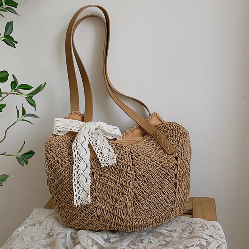 Yogodlns Повседневная соломенная сумка через плечо для женщин, полая тканая пляжная сумка из ротанга