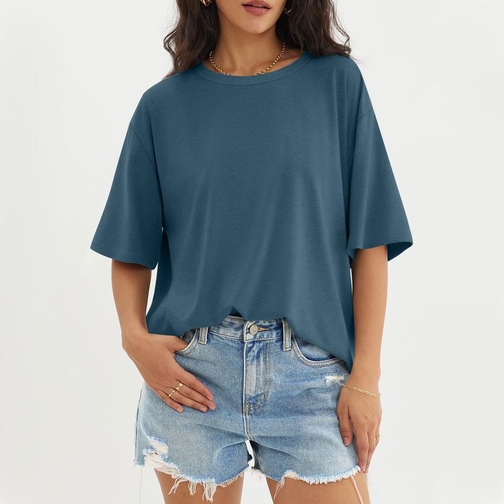 Женский модный повседневный однотонный топ с круглым вырезом и тремя рукавами с половиной рукавами