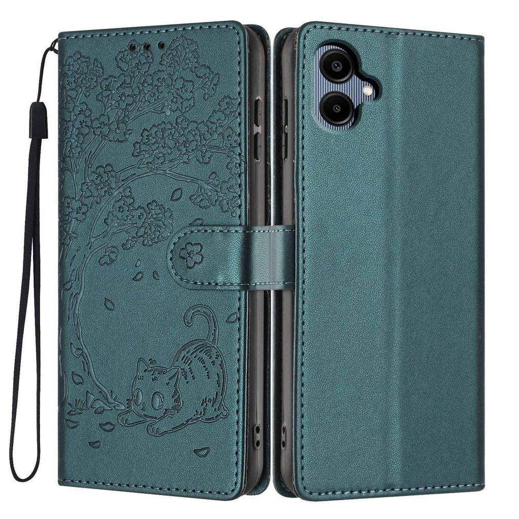 For Samsung Galaxy A06 4G Stand Case Tree-and-Cat Pattern PU Leather Wallet Protective Phone Cover with Wrist Strap