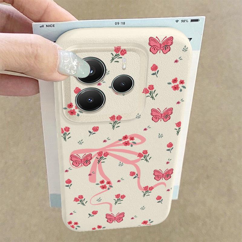 Мягкий матовый чехол с цветочным узором и бантом для Xiaomi 13T Pro Poco X7 X6 M6 Pro Redmi Note 14 Pro 13 12 11 TPU кожаная текстура противоударный тонкий чехол для телефона
