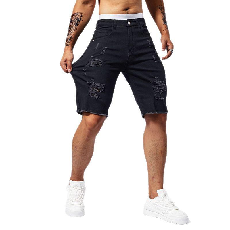 Men's Slim Fit Summer Denim Shorts with Distressed Five-Point Design