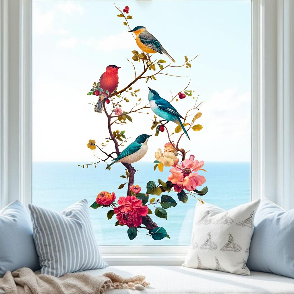 Цветы и птица на ветке Статичная наклейка на окно Самоклеящаяся Съемная Спальня Гостиная Балкон Стеклянная дверь Домашний декор Искусство