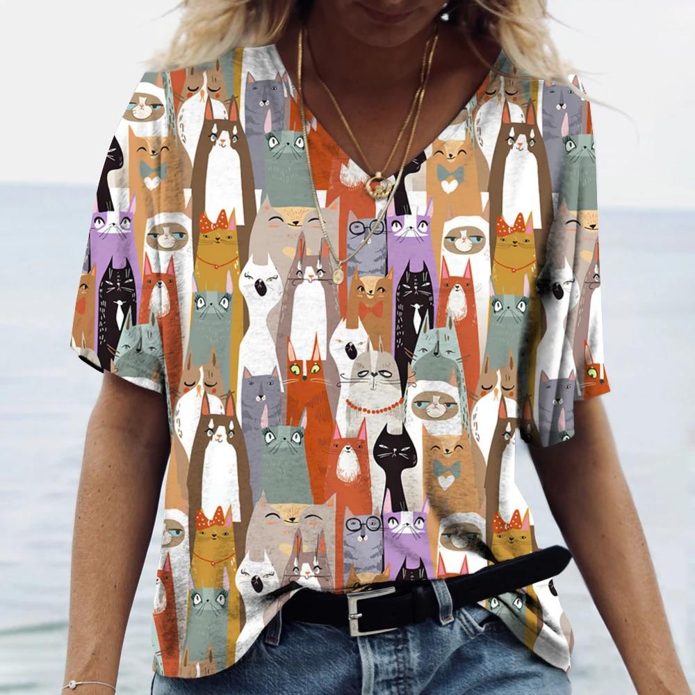 Женская футболка с рисунком котенка, одежда в стиле Харадзюку, летний пуловер с v-образным вырезом для девочек, хлопковые футболки с короткими рукавами, женская повседневная уличная одежда