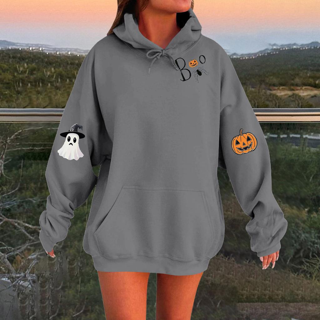 Женский однотонный пуловер с длинным рукавом, капюшоном и повседневным принтом на Хэллоуин