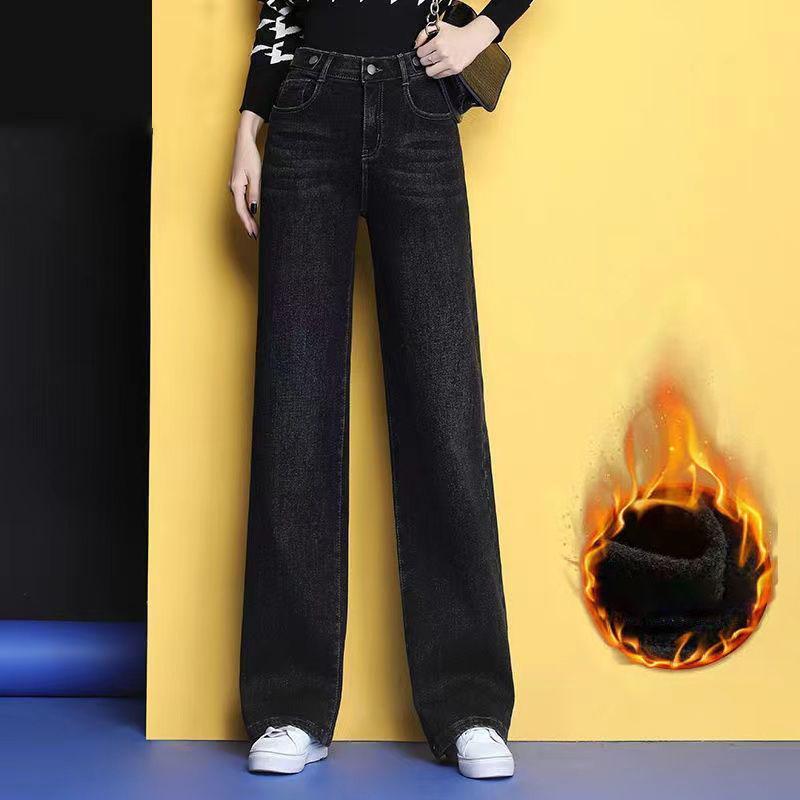 Винтажные утолщенные широкие джинсы зимние брюки из денима с высокой талией мешковатые теплые прямые брюки модные женские плюшевые вакеросы