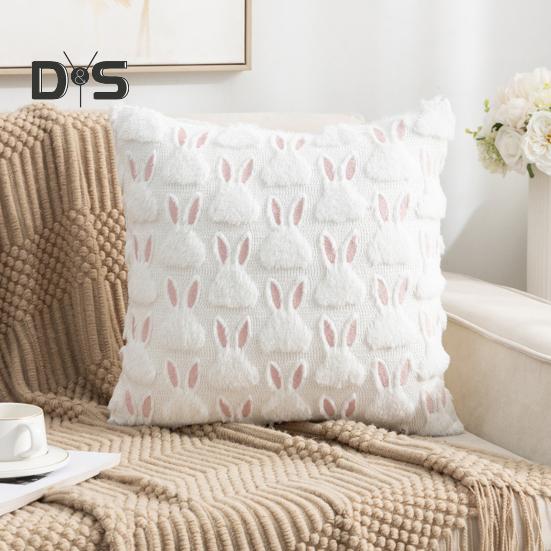 Plush Rabbit Pillow Cover 18 X 18 Inch Throw Pillow Cover Farmhouse Decor Pillow Case with Invisible Zipper for Sofa Bed Car Spring Decoration
