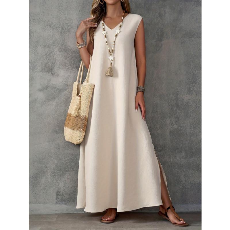 Sleeveless V-neck Side Split Summer Long Dress Elegant Fashion Loose Casual Simple A-line Party Maxi Long Dress Solid Color Woman Clothing