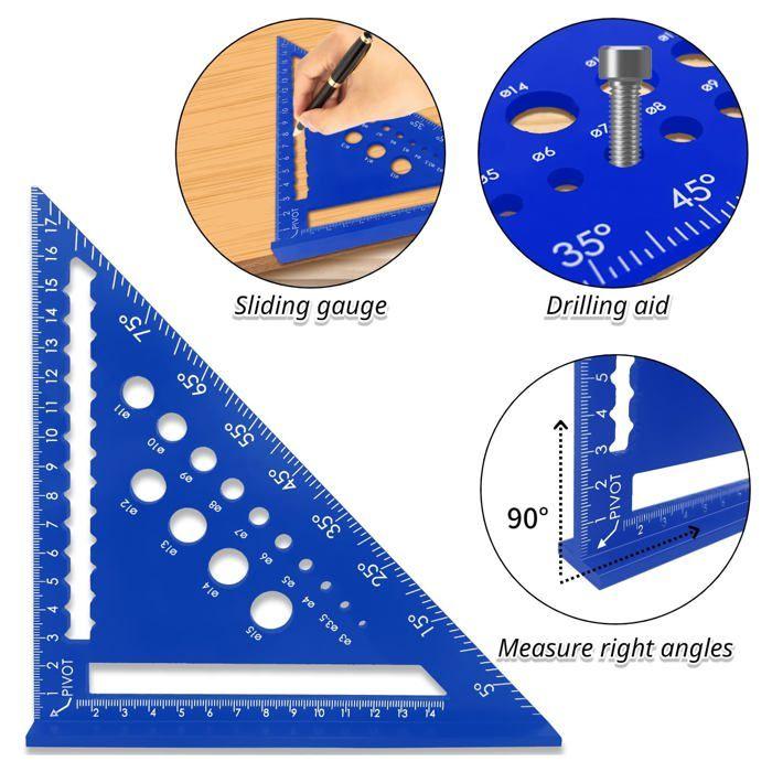 Équerre menuisier 18 cm (7") alliage aluminium bleu - règle triangle haute précision