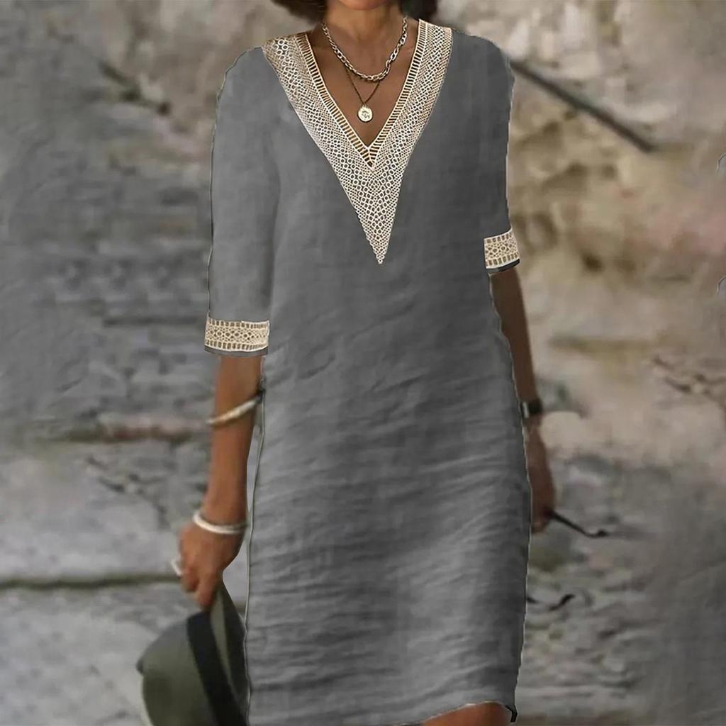 Женское однотонное хлопково-льняное повседневное платье с v-образным вырезом и кружевом среднего размера
