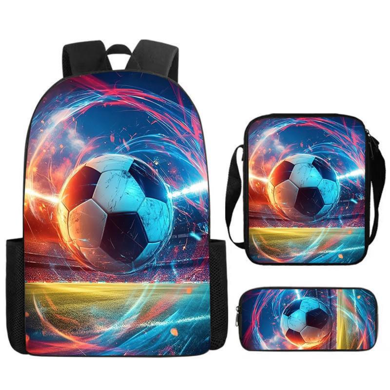 Kids Football Print Backpack Set Elementary School 3-Piece Shoulder Bag Pencil Case Crossbody