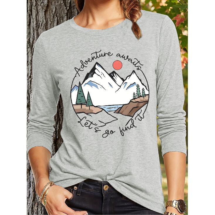 Women's casual sports long-sleeve shirt with mountain landscape print, round badge, and handwritten slogan Adventure awaits Let's go find