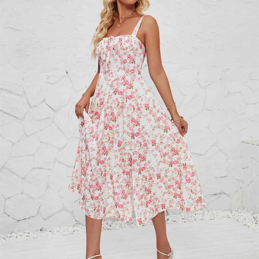 Женские летние платья с цветочным принтом, милое элегантное праздничное платье миди, повседневные синие платья с разрезом на шнуровке 2024