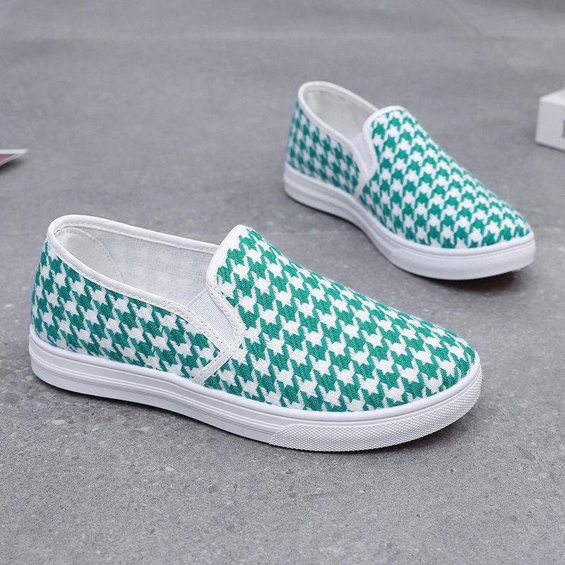 Cresfimix Sapatos Femininas Women Cute Round Toe Plaid Pattern Anti Skid Slip Flat Shoes Lady Elegant Green Canvas Shoes Ba302