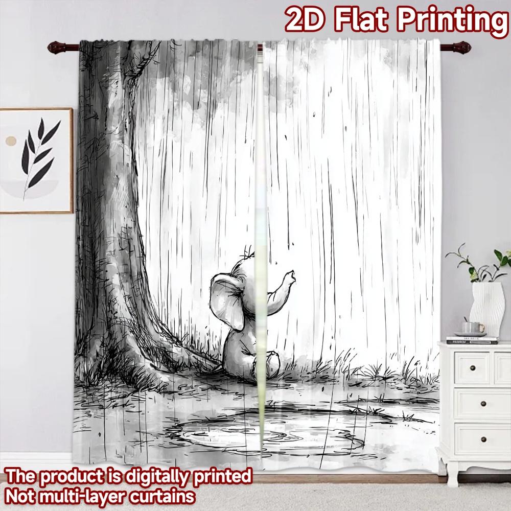 2D flat printing 2pcs Curtain Window Curtains Little Elephant in Rain Digital Printed Polyester Drapes Family Party Perfect for