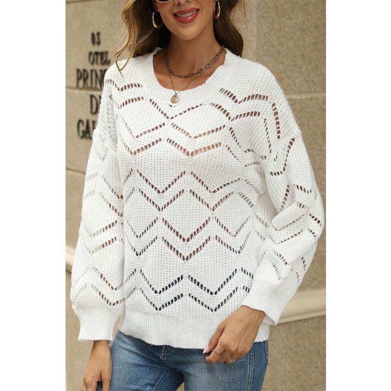 Ажурный круглый вырез с длинным рукавом вязаный свитер женский свободный свитер больших размеров