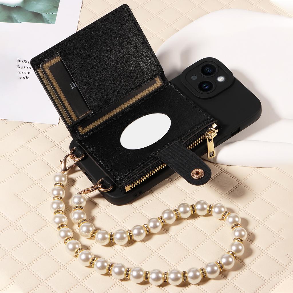 Стильный чехол на молнии с зеркалом и жемчужным шнуром для iPhone13 12 11 Pro Pro Max Mini 7, устойчивый к падениям, искусственная кожа, сумка через плечо