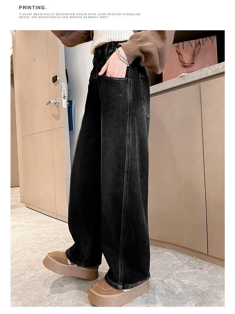 Girls' 2025 Korean Style Fleece-Lined Loose Wide-Leg Winter Jeans for Middle and Big Children