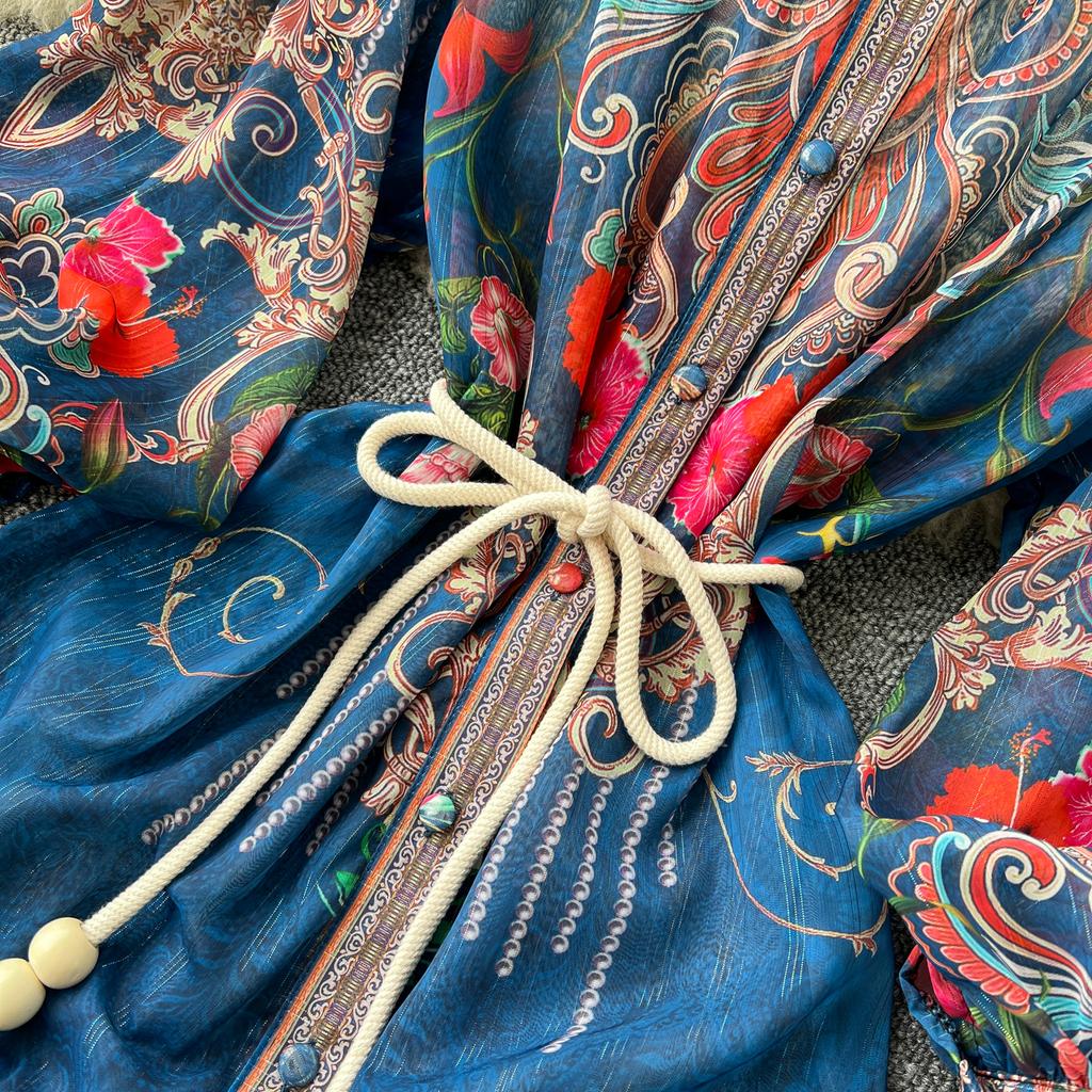 Весна-лето Женское винтажное платье с принтом дворца на подиуме с рукавами-фонариками Длинные макси-платья для отдыха на пляже с поясом