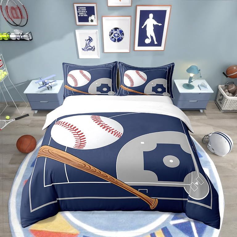 3D Sports Baseball Duvet Cover Set Teen Boys Men Decor Bedding Sets with Pillowcases Sport Baseball Themed Comforter Cover Set