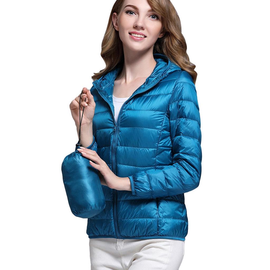 Women Color Ultra Light Jacket Solid Hooded Zippers Coat Down Jacket