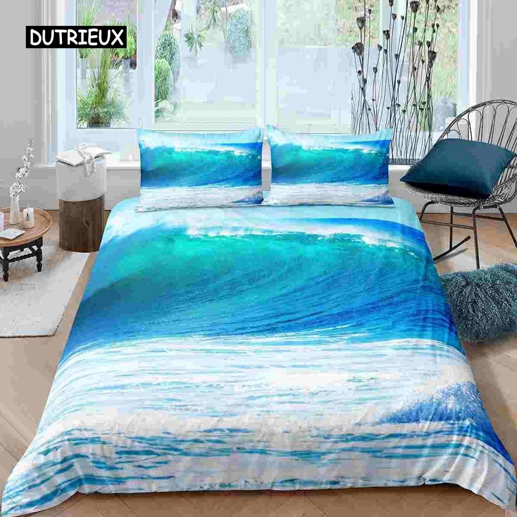 Комплект постельного белья Ocean Wave с изображением пляжа и пенистых волн, комплект постельного белья для двоих, полиэстер, морской берег, праздничная тема, королева, размер King Size, пододеяльник