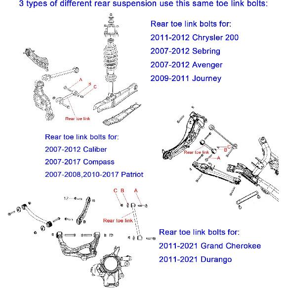 Rear Toe Link Alignment Bolts Kit, Rear Camber Bolts Compatible with Chrysler Sebring 200, Dodge Avenger Caliber Durango Journey, Jeep Compass