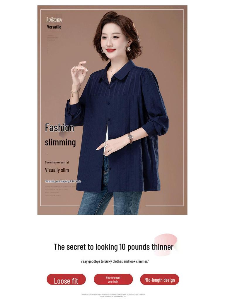 Женская блузка большого размера из чистого хлопка с отложным воротником - Мода ранней осени для мам среднего возраста