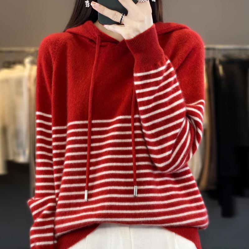 New Autumn and Winter Striped Wool Hoodie for Women Classic Versatile Cashmere Knitted Hoodie Sweatshirt Fashionable Warm Top