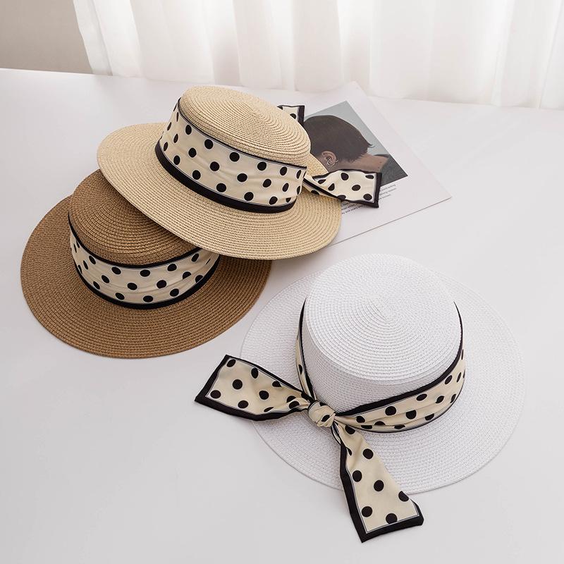 Модная соломенная шляпа в горошек для женщин, солнцезащитная праздничная пляжная шляпа, белая французская шляпа с плоским верхом, женская шляпа-бантик
