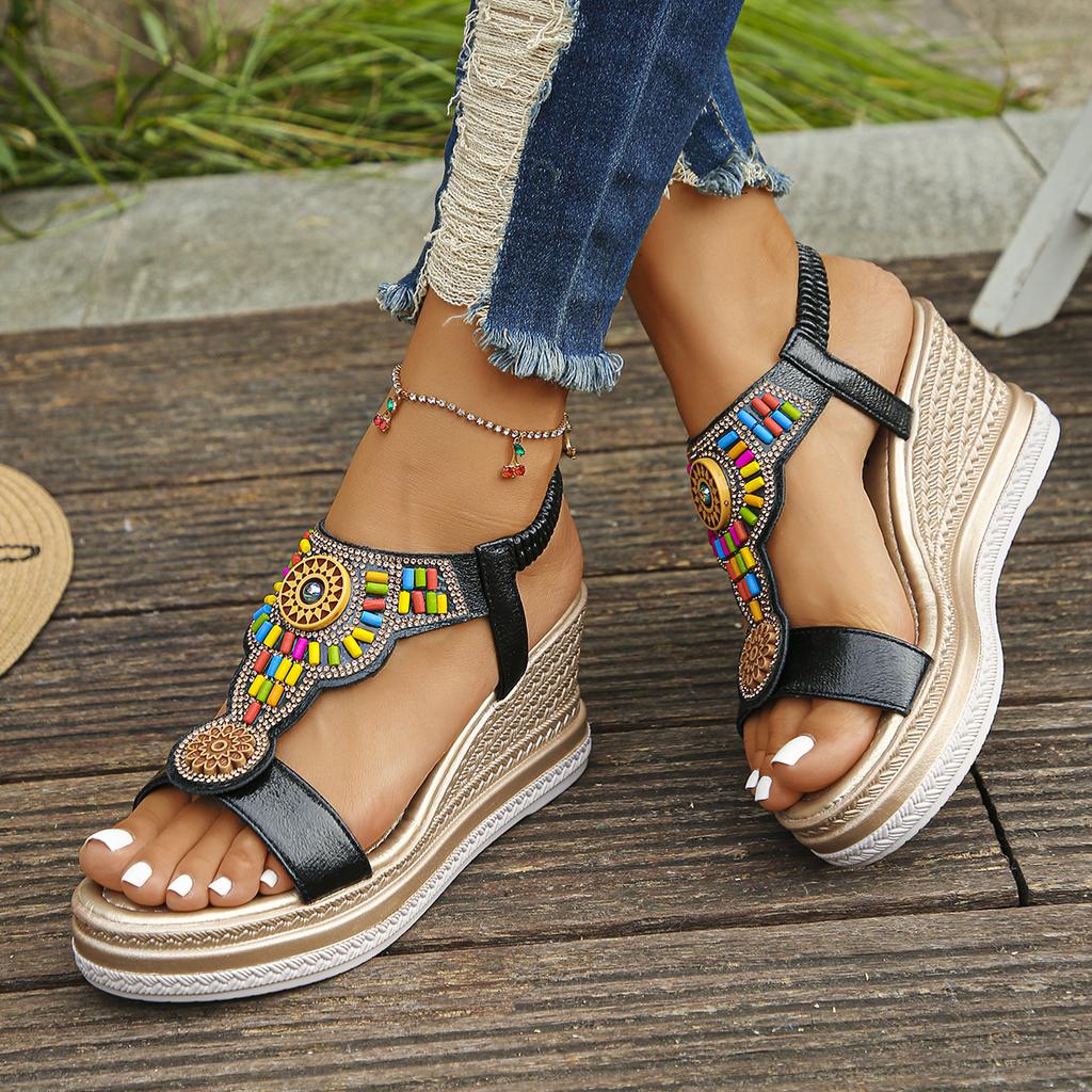 Fashion Women Sandals Bohemian Style Wedge Sandals Summer Thick Sole Non Slip Beach Shoes Woman Colorful Bead Chunky Platform Sandals