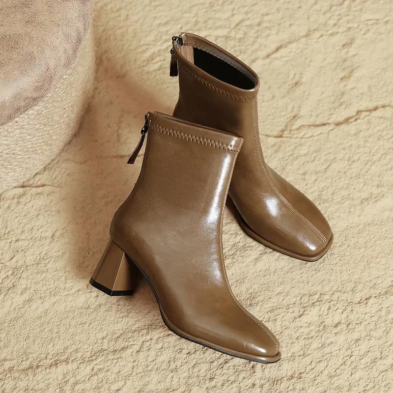 Осень и Зима Новые Полусапоги Квадратный Носок Толстый Каблук Тонкие Сапоги Коричневые Французские Ботильоны