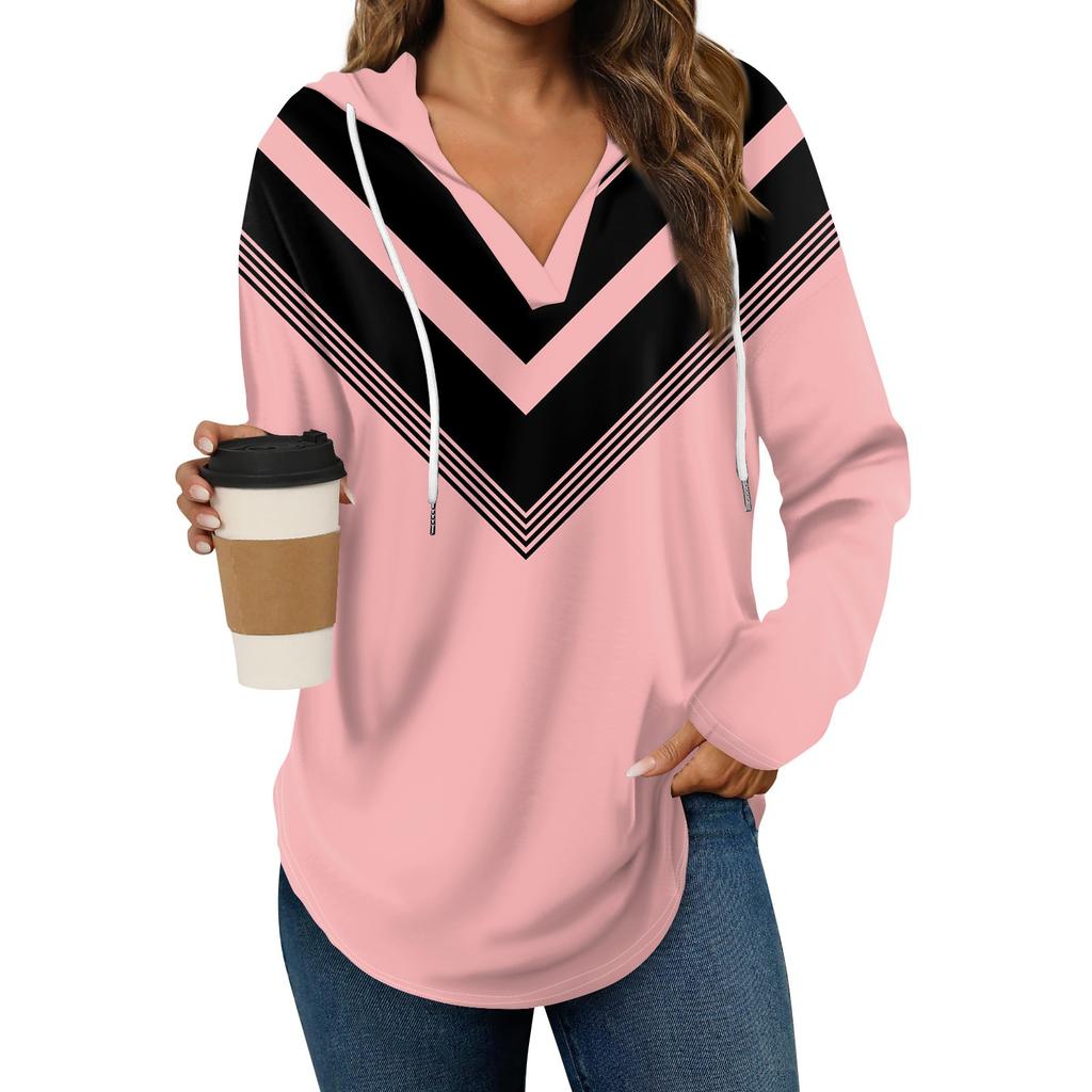 Women's Fashion Hoodies V Neck Long Sleeve Printed Drawstring Casual Loose Pullover Tops