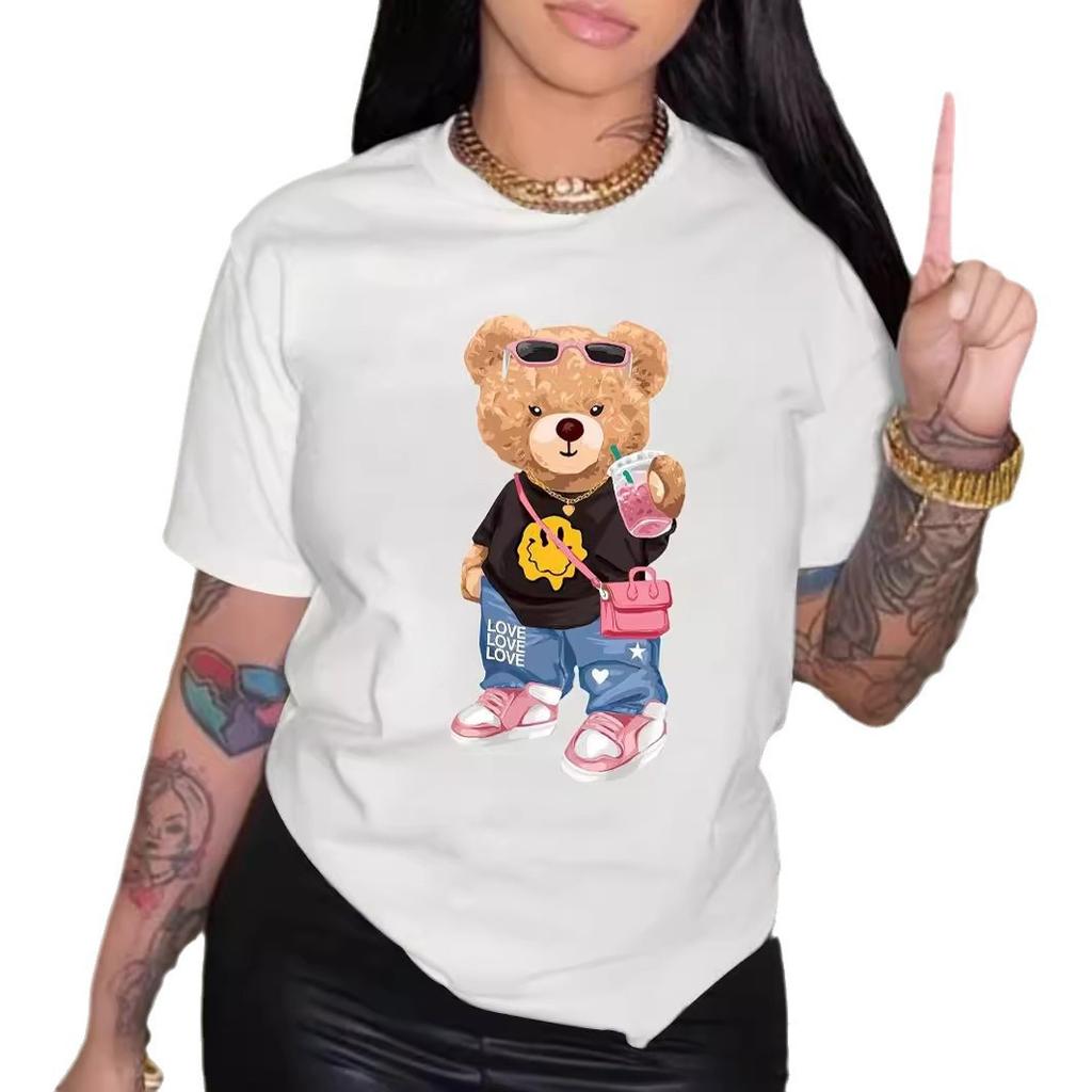 Футболка с принтом «Медвежонок» Kawaii, короткий рукав, круглый вырез, повседневный топ для лета и весны, женская одежда, рубашка